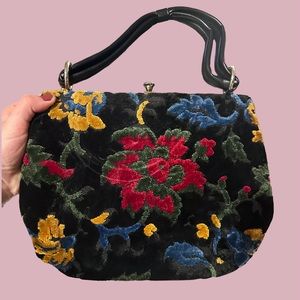 VTG Black Floral Carpet Clutch Bag Purse Tapestry
